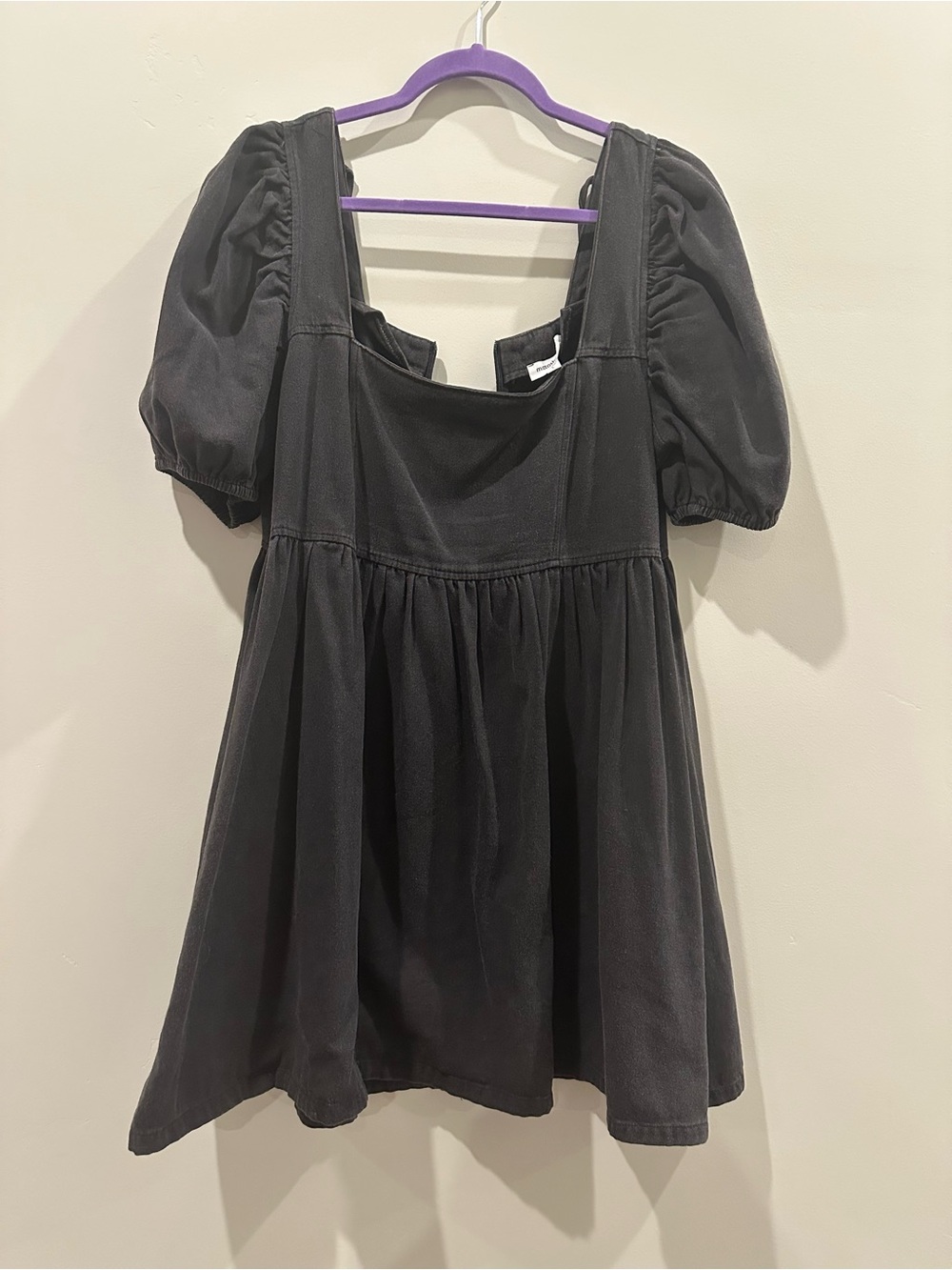 Black Denim Puff Sleeve Square Neck Mini Dress